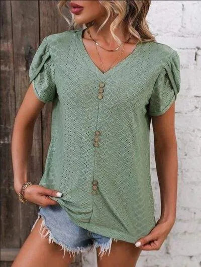 Eyelet V-Neck Petal Sleeve T-Shirt Women's T-Shirts - Tophatter Daily Deals