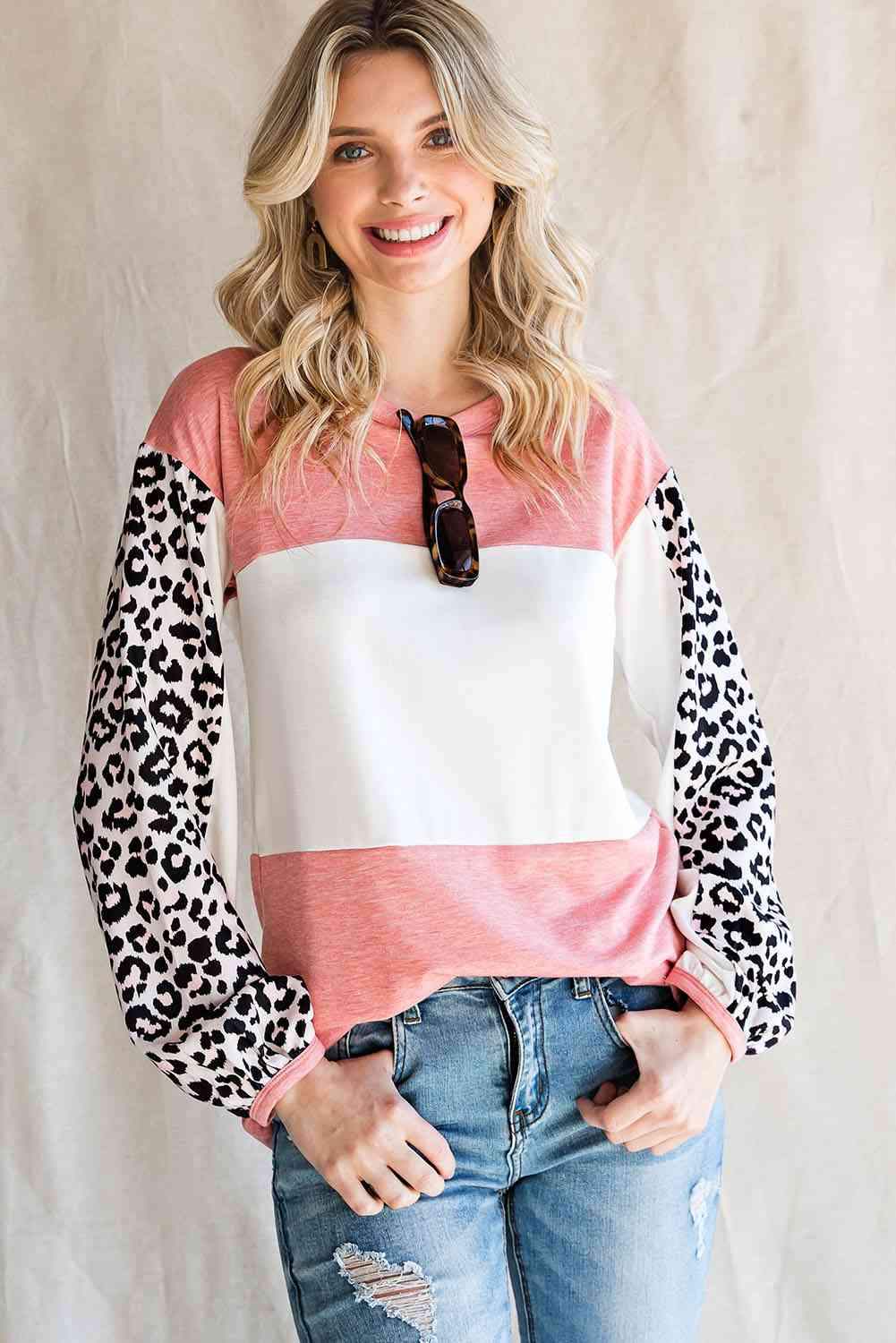 Leopard Color Block Top Blouses - Tophatter Daily Deals