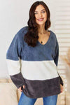 Culture Code Faux Fur Color Block V-Neck Sweater Vintage Blue Combo Blouses - Tophatter Daily Deals