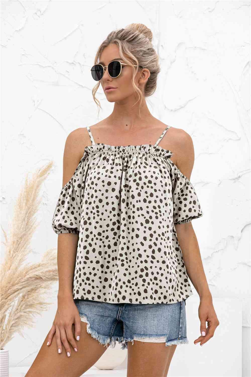 Printed Cold-Shoulder Frill Trim Blouse Blouses - Tophatter Daily Deals