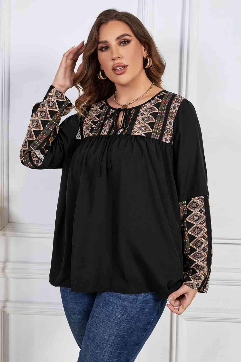 Melo Apparel Plus Size Printed Round Neck Tie Front Blouse Blouses - Tophatter Daily Deals