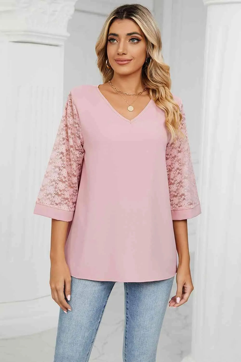V-Neck Three-Quarter Sleeve Top Blush Pink Women's T-Shirts - Tophatter Daily Deals