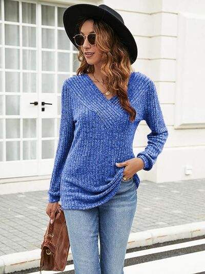 Ribbed Surplice Long Sleeve T-Shirt Royal Blue Women's T-Shirts - Tophatter Daily Deals