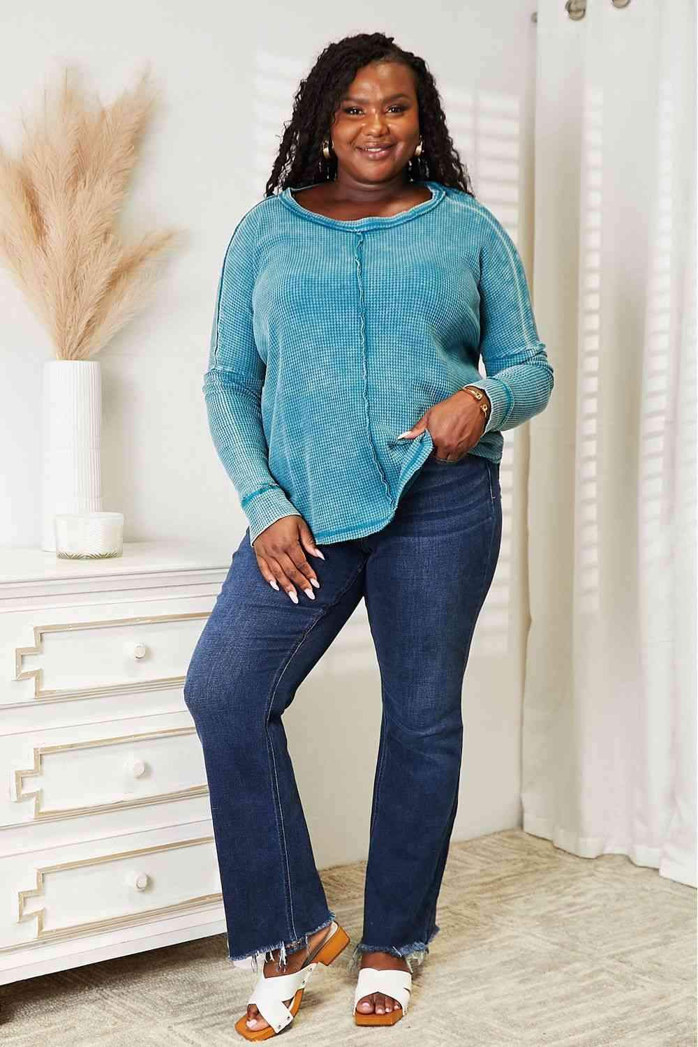 Zenana Full Size Washed Baby Waffle Oversized Long Sleeve Top Blouses - Tophatter Daily Deals