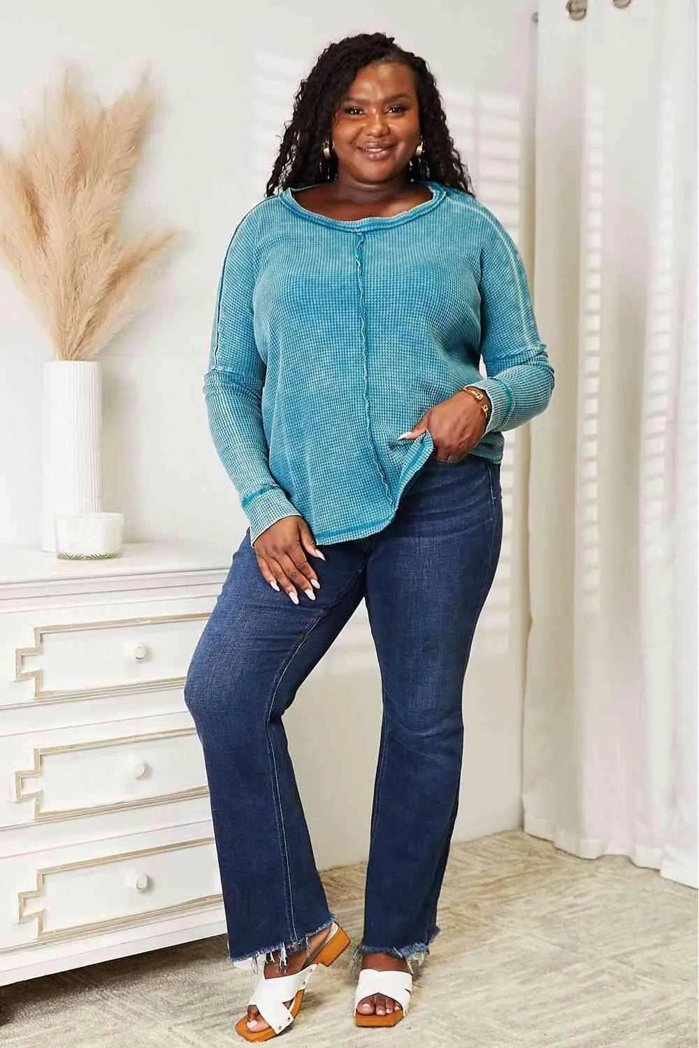 Zenana Full Size Washed Baby Waffle Oversized Long Sleeve Top Blouses - Tophatter Daily Deals