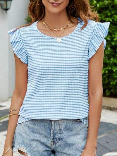 Plaid Ruffled Round Neck Cap Sleeve T-Shirt Pastel Blue Women's T-Shirts - Tophatter Daily Deals