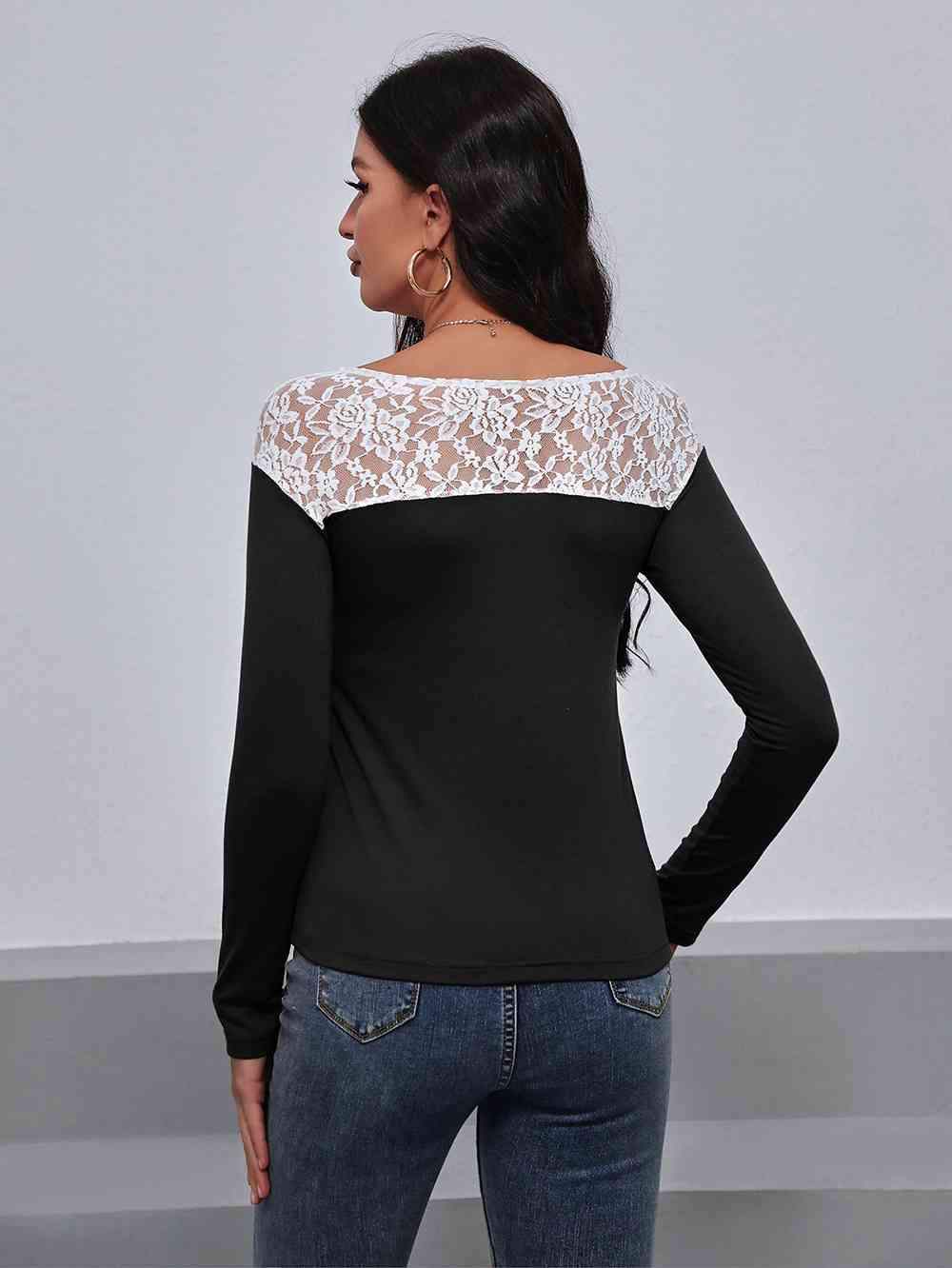 Lace Trim Long Sleeve Round Neck Tee Women's T-Shirts - Tophatter Daily Deals