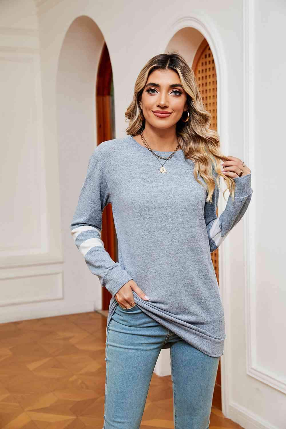 Round Neck Long Sleeve Top Misty Blue Women's T-Shirts - Tophatter Daily Deals