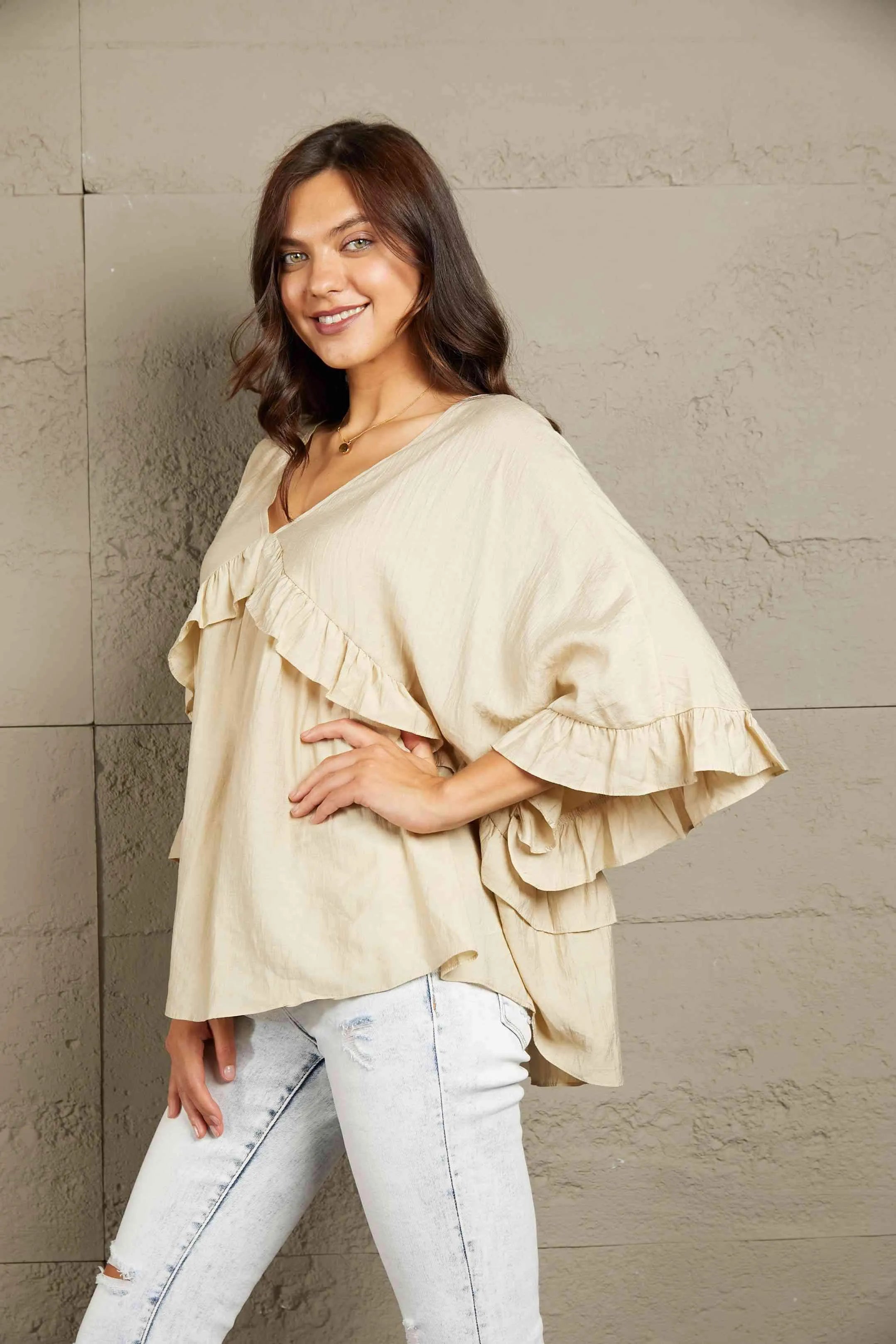 Double Take Ruffled V-Neck Half Sleeve Blouse Blouses - Tophatter Daily Deals