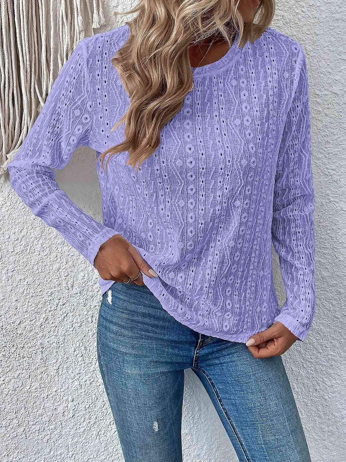 Eyelet Round Neck Long Sleeve Top Women's T-Shirts - Tophatter Daily Deals