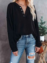 Buttoned Drop Shoulder Top Black Women's T-Shirts - Tophatter Daily Deals