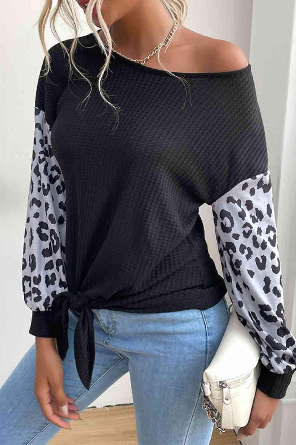 Leopard Print Sleeve Tie Front Top Blouses - Tophatter Daily Deals