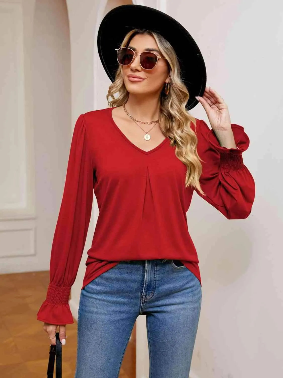 V-Neck Flounce Sleeve Blouse Blouses - Tophatter Daily Deals