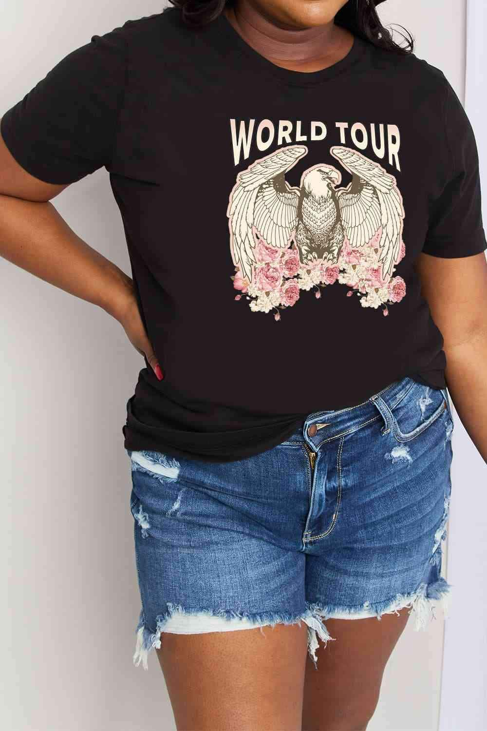 Simply Love Full Size WORLD TOUR Eagle Graphic Cotton Tee Black Women's T-Shirts - Tophatter Daily Deals