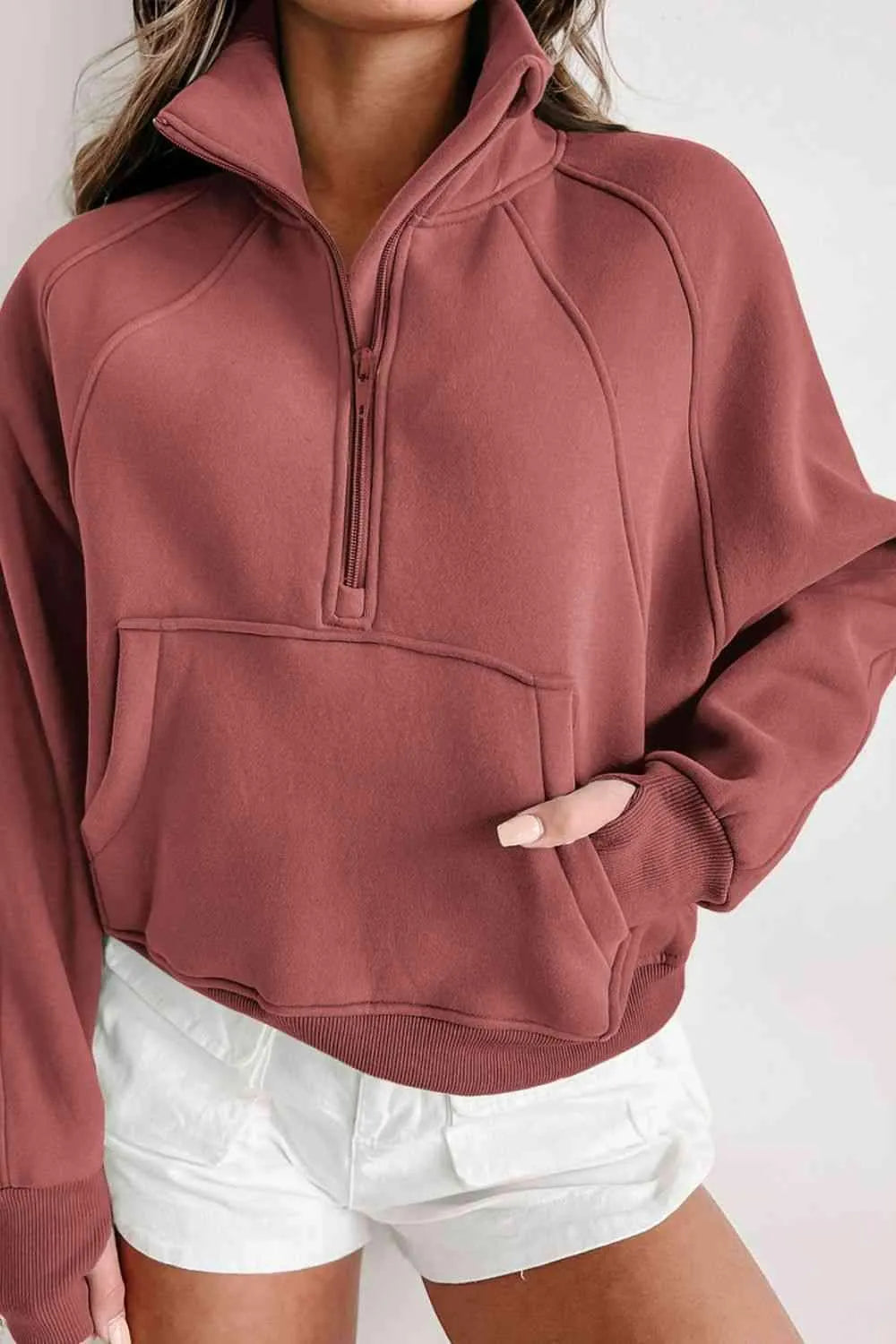 Zip-Up Collared Neck Raglan Sleeve Sweatshirt Blouses - Tophatter Daily Deals
