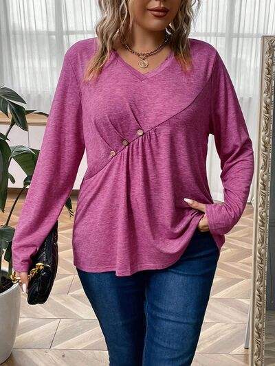 Plus Size Heathered V-Neck Decorative Button T-Shirt Women's T-Shirts - Tophatter Daily Deals