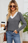 Lace Detail V-Neck Long Sleeve T-Shirt Charcoal Women's T-Shirts - Tophatter Daily Deals