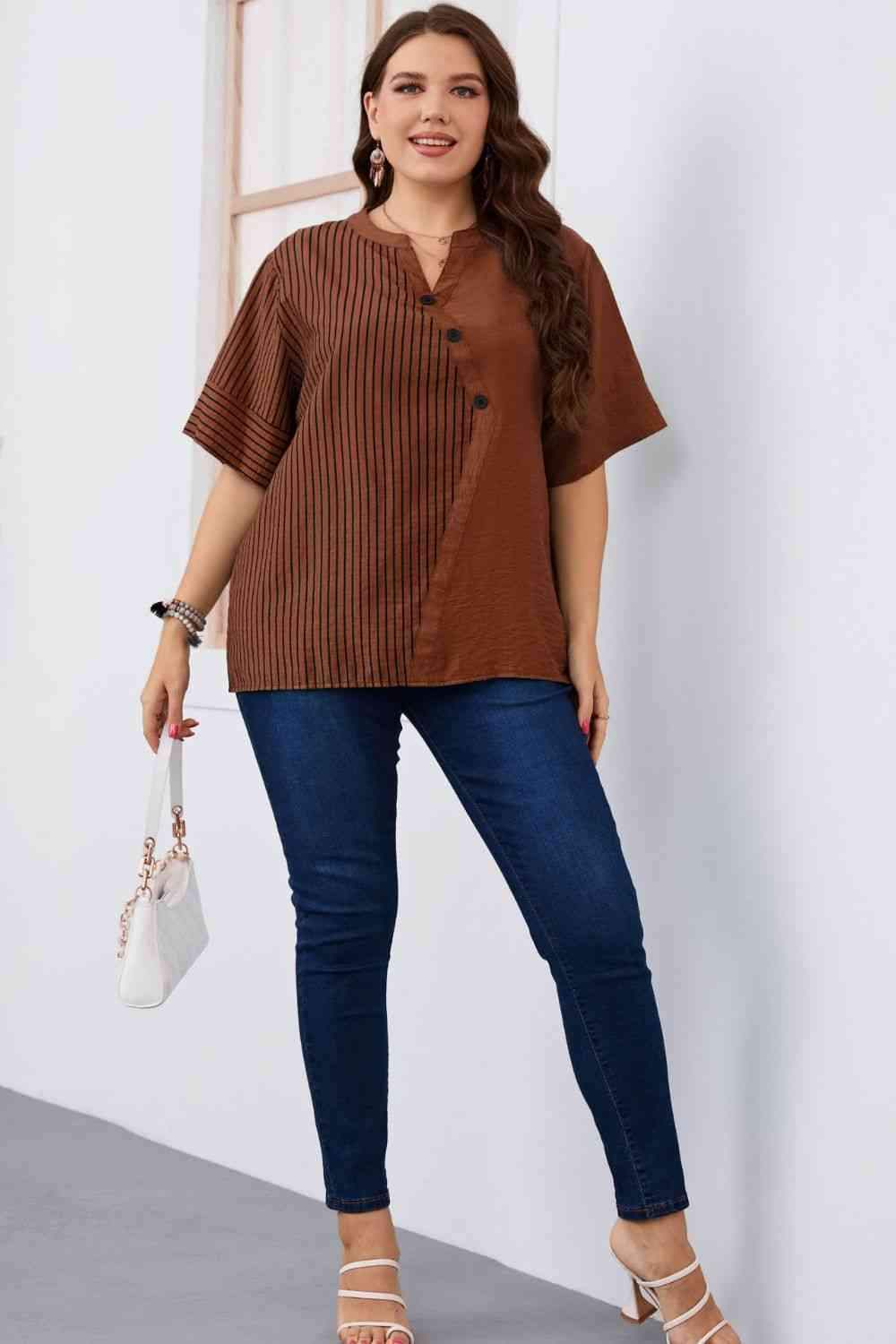 Plus Size Striped Notched Neck Half Sleeve Top Blouses - Tophatter Daily Deals