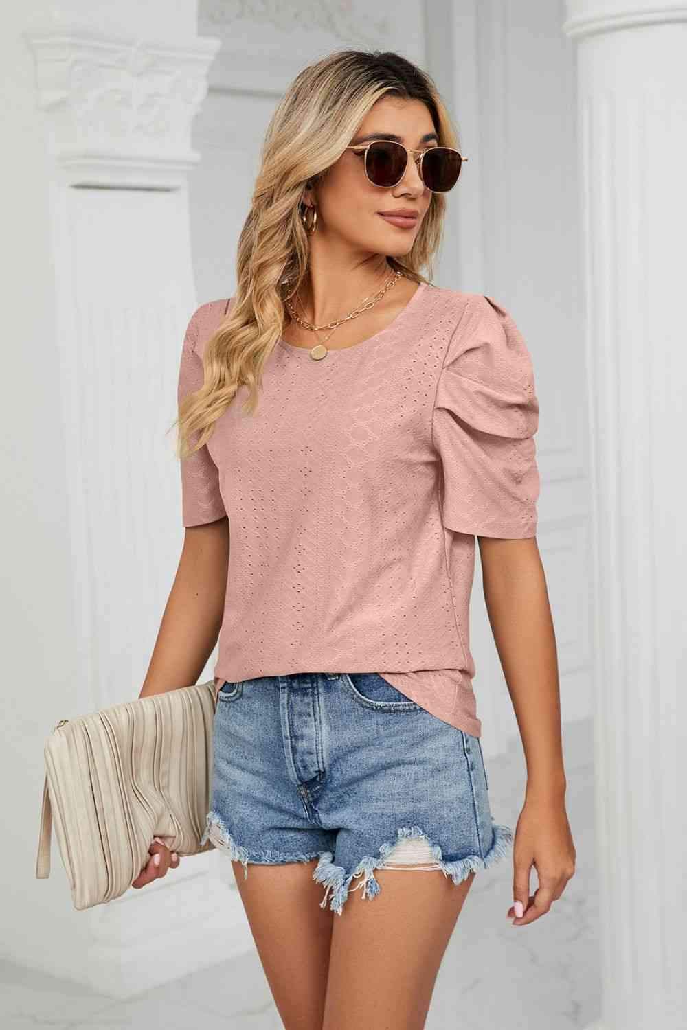 Eyelet Puff Sleeve Round Neck Blouse Blouses - Tophatter Daily Deals