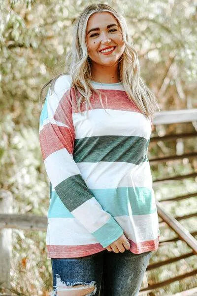 Plus Size Striped Slit Long Sleeve T-Shirt Women's T-Shirts - Tophatter Daily Deals