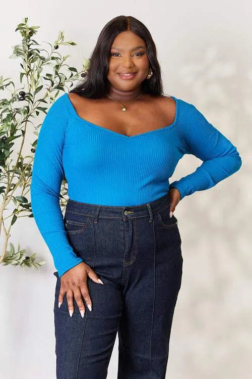 Culture Code Full Size Ribbed Sweetheart Neck Knit Top Blue Teal Blouses - Tophatter Daily Deals