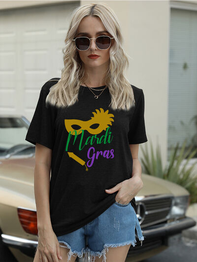 Full Size MARDI GRAS Round Neck Short Sleeve T-Shirt Black Women's T-Shirts - Tophatter Daily Deals