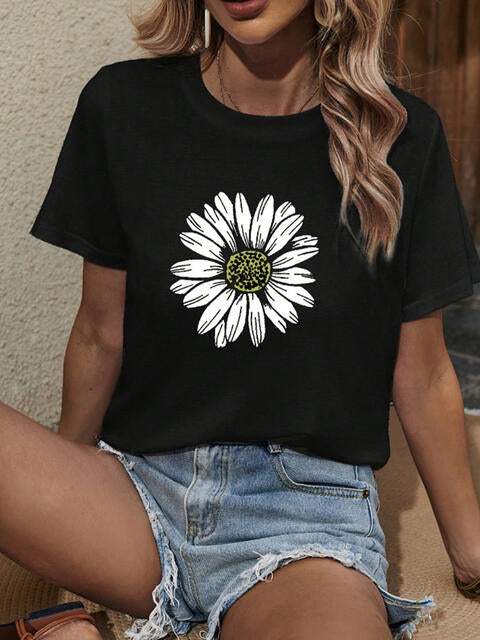 Sunflower Graphic Round Neck T-Shirt Black Women's T-Shirts - Tophatter Daily Deals