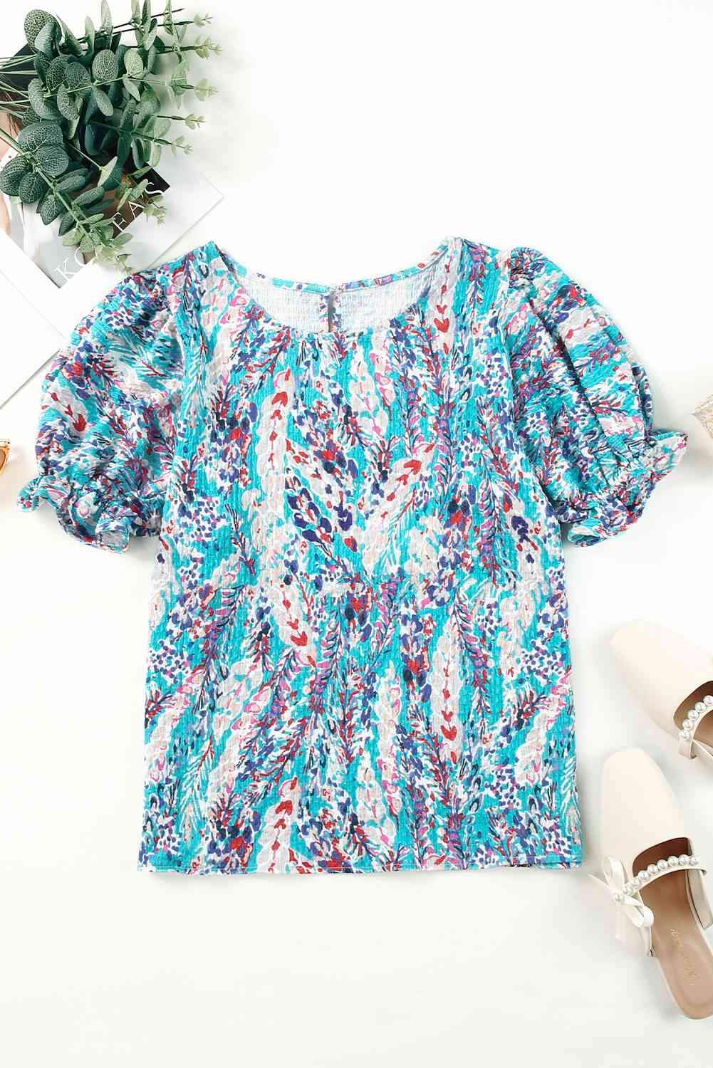 Printed Round Neck Half Flounce Sleeve Top Multicolor Blouses - Tophatter Daily Deals