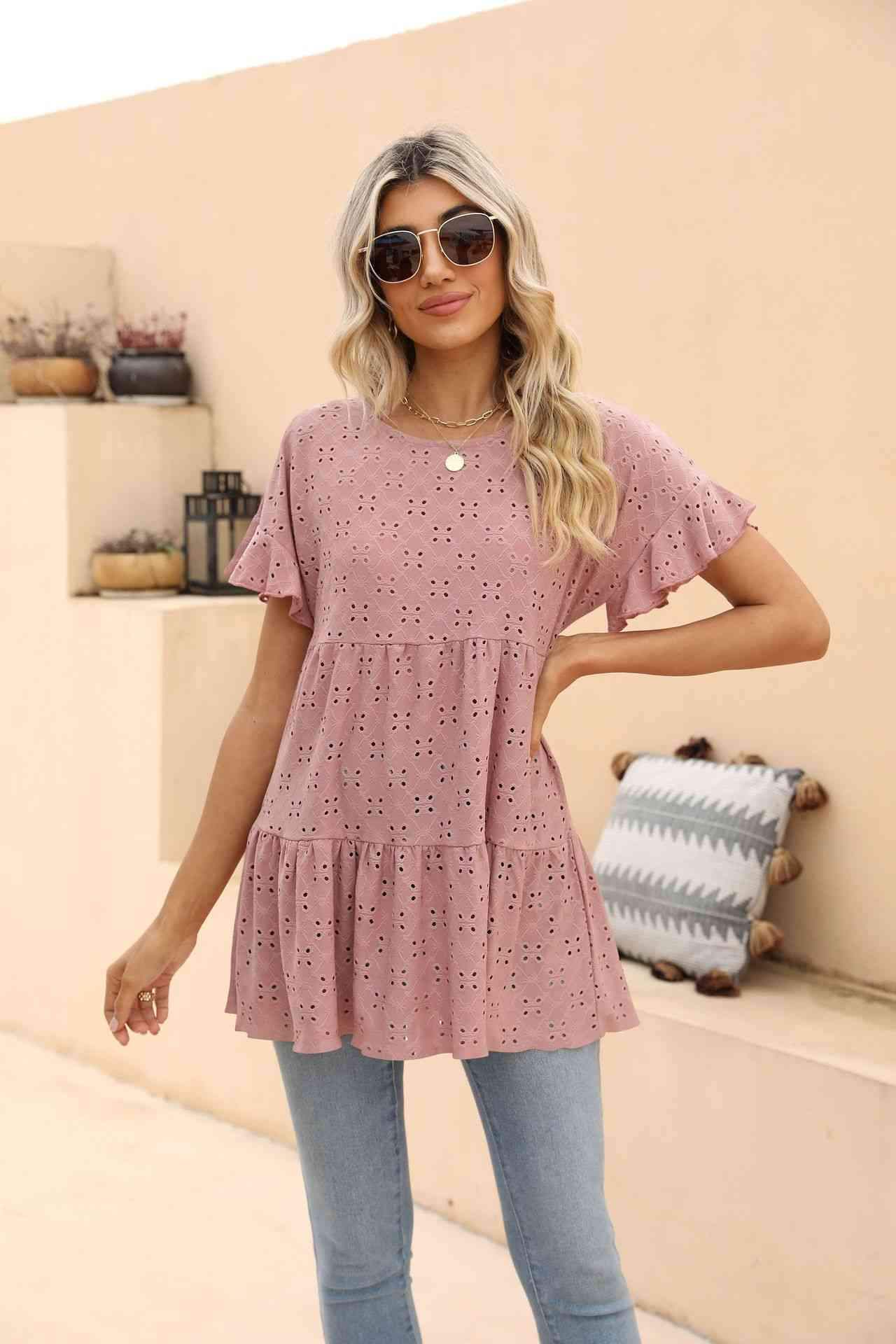 Openwork Round Neck Flounce Sleeve Blouse Dusty Pink Blouses - Tophatter Daily Deals