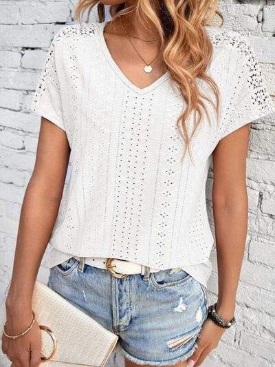 Eyelet V-Neck Short Sleeve T-Shirt Women's T-Shirts - Tophatter Daily Deals