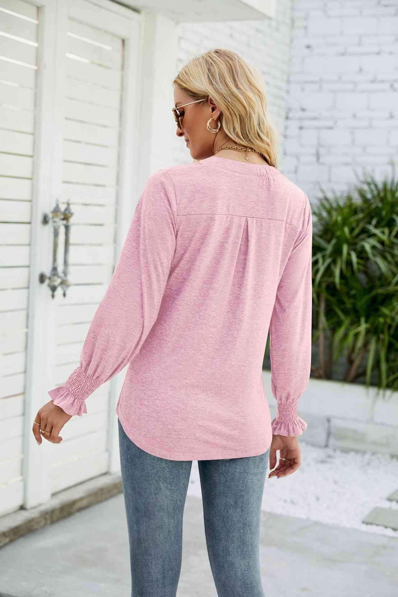 Heathered Flounce Sleeve Curved Hem Top Blouses - Tophatter Daily Deals