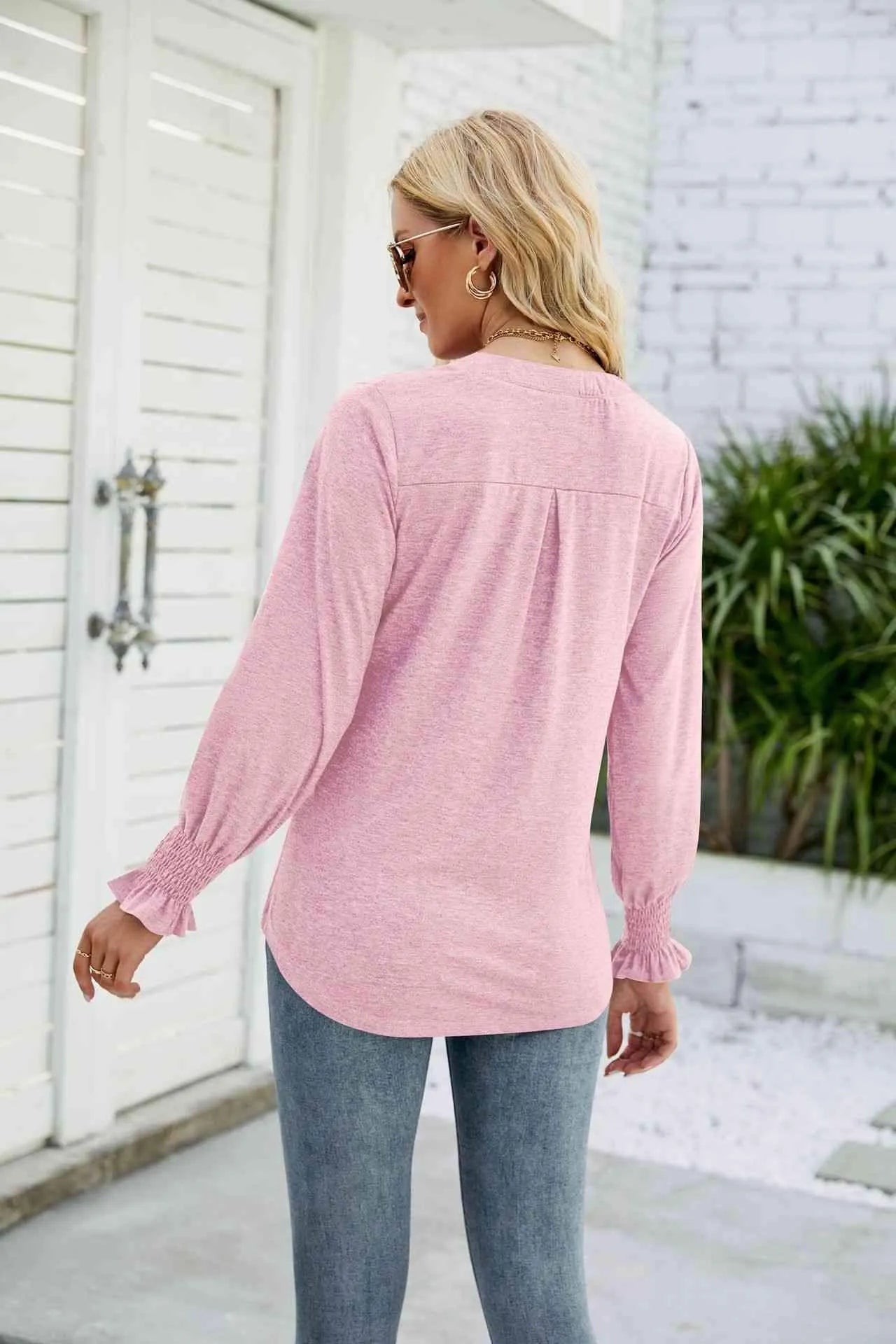 Heathered Flounce Sleeve Curved Hem Top Blouses - Tophatter Daily Deals