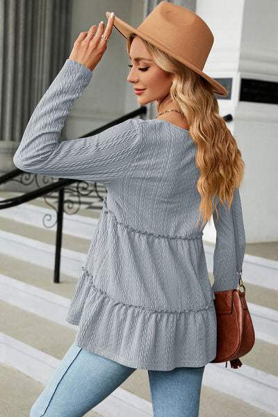 Frill V-Neck Long Sleeve T-Shirt Women's T-Shirts - Tophatter Daily Deals