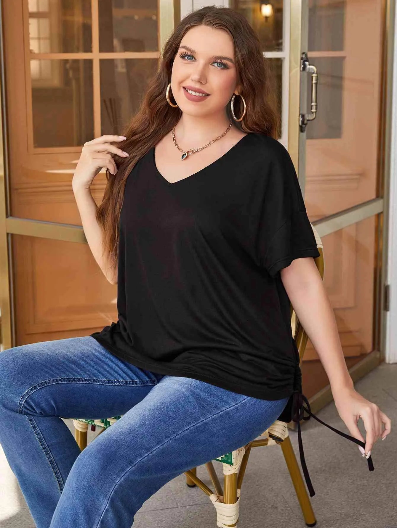 Plus Size Drawstring V-Neck Short Sleeve Blouse Blouses - Tophatter Daily Deals