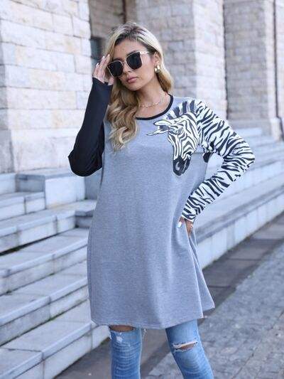 Zebra Print Round Neck Long Sleeve T-Shirt Dusty Blue Women's T-Shirts - Tophatter Daily Deals