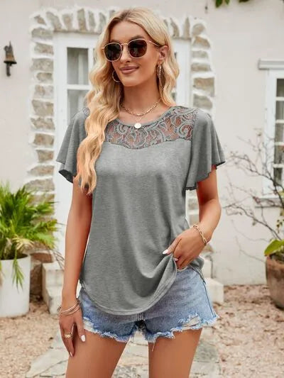 Lace Detail Round Neck Short Sleeve T-Shirt Heather Gray Women's T-Shirts - Tophatter Daily Deals