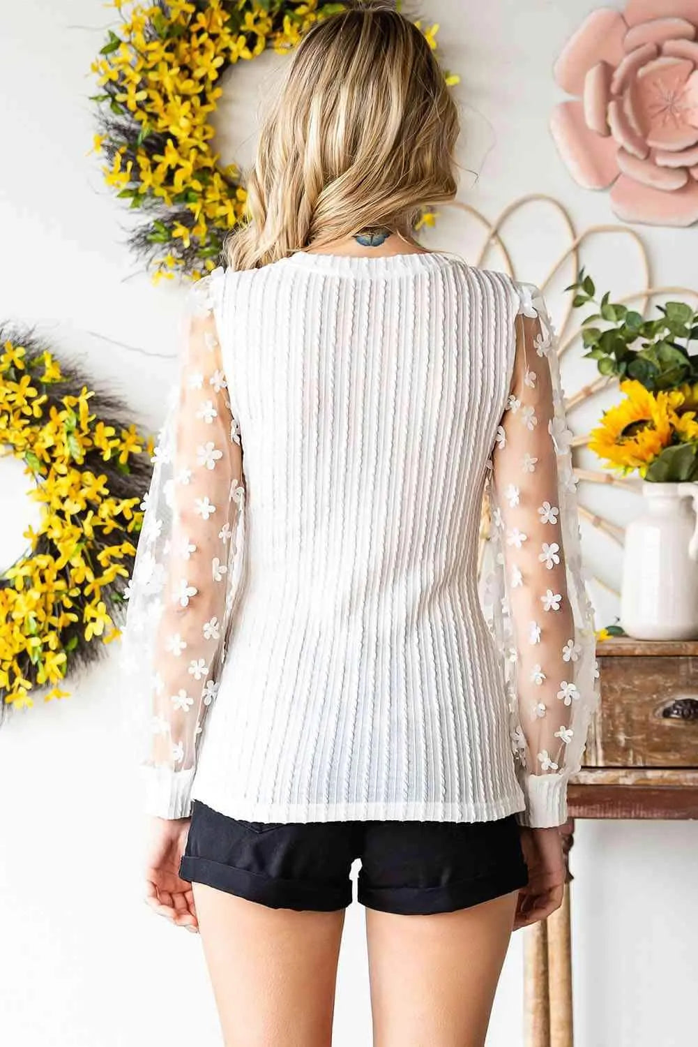 Double Take Textured Applique Long Sleeve Blouse Blouses - Tophatter Daily Deals