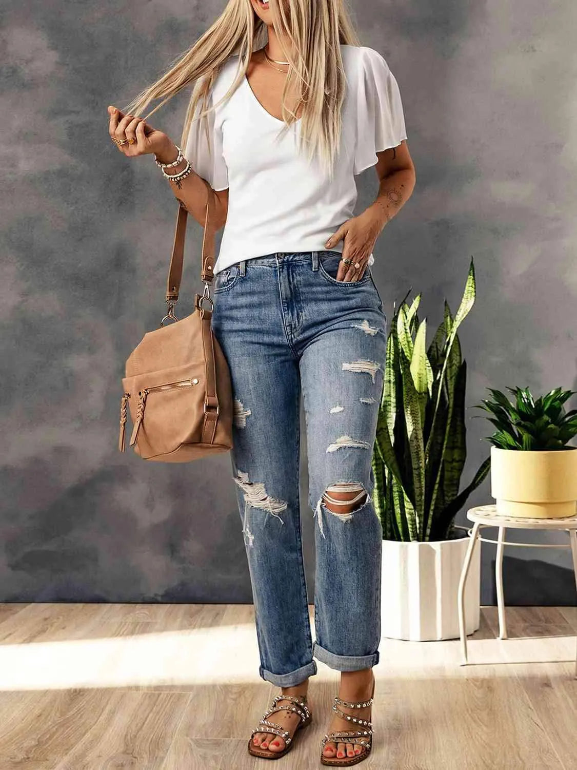 V-Neck Flutter Sleeve Top White Blouses - Tophatter Daily Deals