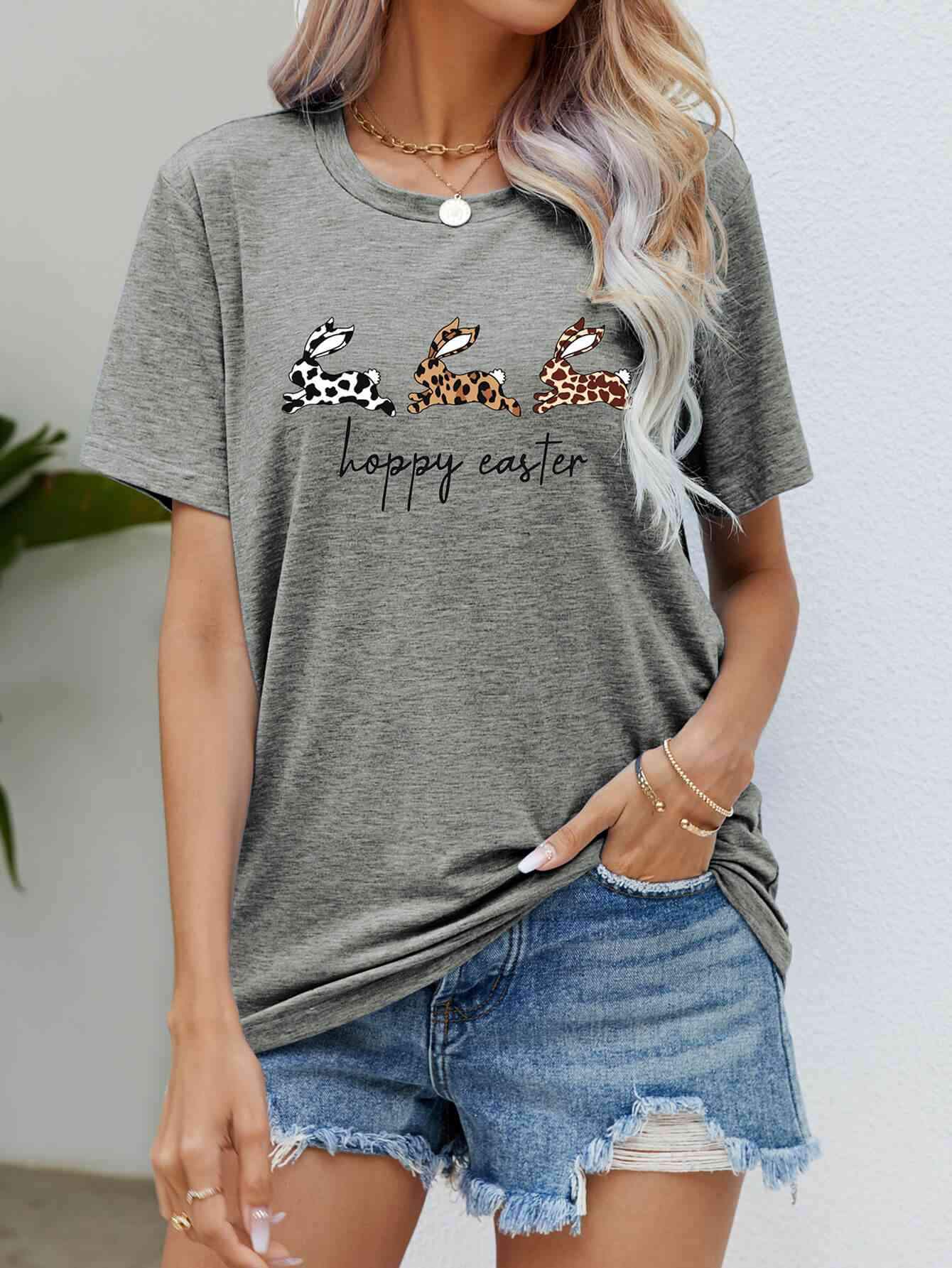 HOPPY EASTER Bunny Graphic Tee Shirt Heather Gray Women's T-Shirts - Tophatter Daily Deals