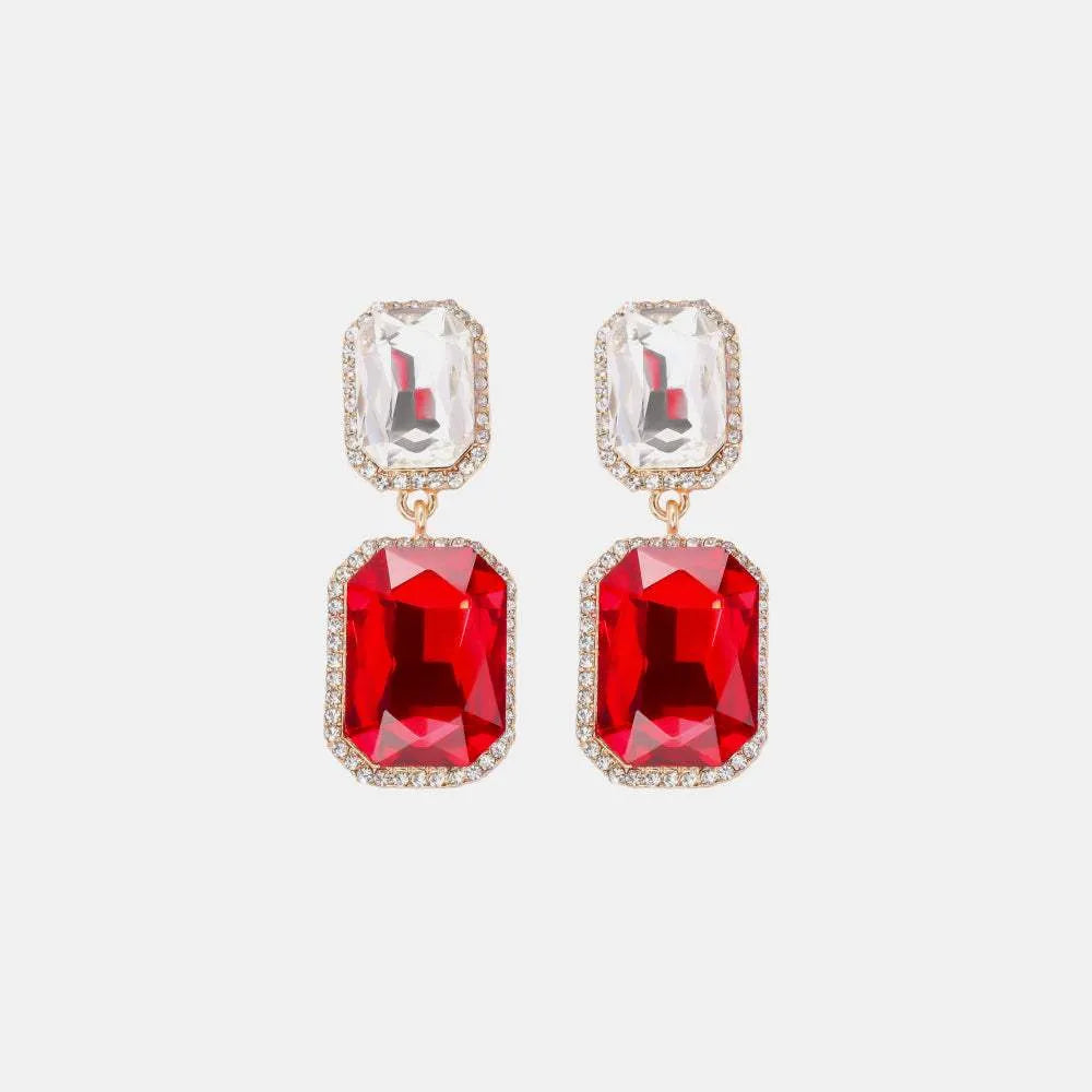 Geometrical Shape Glass Stone Dangle Earrings Red White One Size Earrings - Tophatter Daily Deals