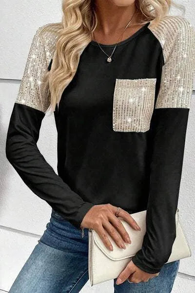 Sequin Round Neck Long Sleeve T-Shirt Black Women's T-Shirts - Tophatter Daily Deals