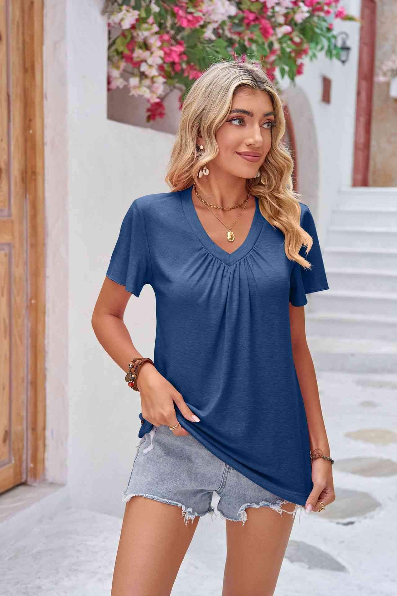 Ruched V-Neck Short Sleeve Tee Women's T-Shirts - Tophatter Daily Deals