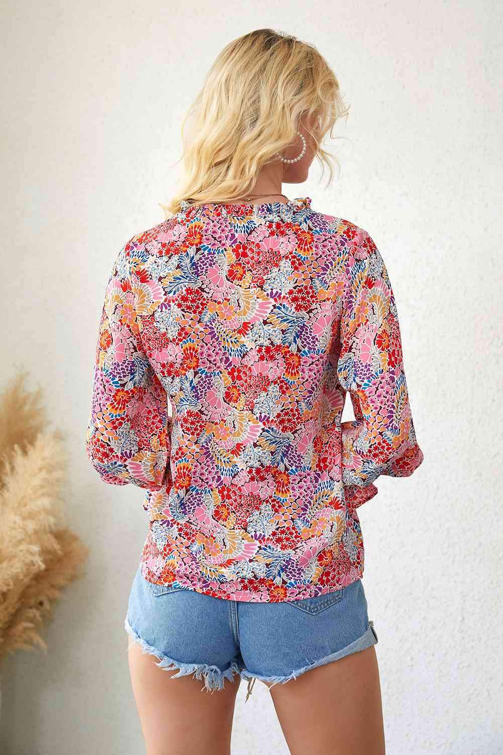 Floral Frill Trim Tie Neck Flounce Sleeve Blouse Blouses - Tophatter Daily Deals