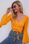 Tie Front Flare Sleeve Cropped Top Blouses - Tophatter Daily Deals