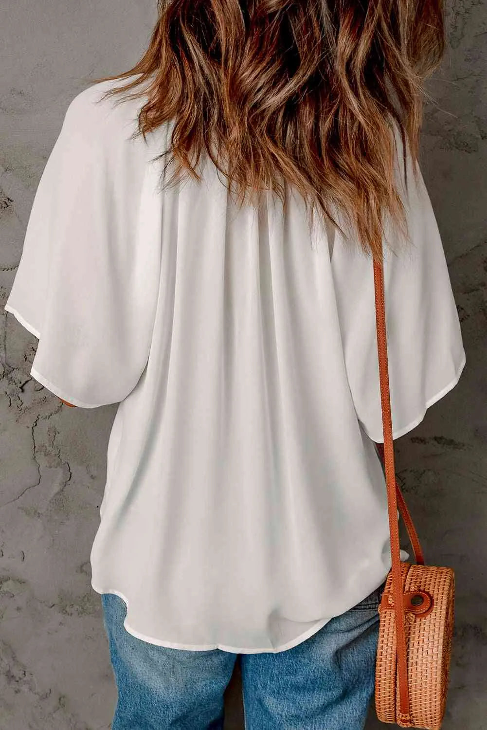 Gathered Detail Notched Neck Flutter Sleeve Top Blouses - Tophatter Daily Deals