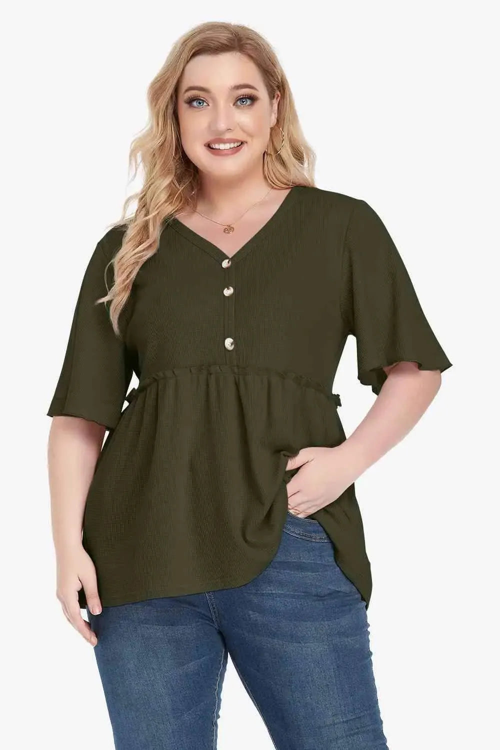 Plus Size Buttoned V-Neck Frill Trim Babydoll Blouse Army Green Blouses - Tophatter Daily Deals