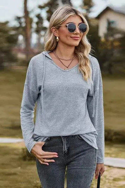 Drawstring Dropped Shoulder Hooded T-Shirt Women's T-Shirts - Tophatter Daily Deals