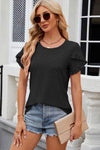 Eyelet Round Neck Petal Sleeve T-Shirt Women's T-Shirts - Tophatter Daily Deals