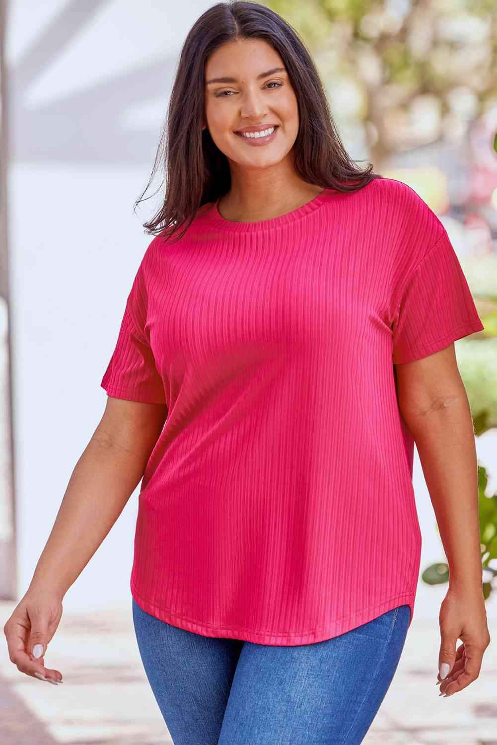 Ribbed Drop Shoulder Curved Hem Top Blouses - Tophatter Daily Deals