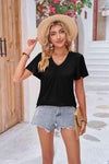 Ruched V-Neck Short Sleeve Tee Black Women's T-Shirts - Tophatter Daily Deals